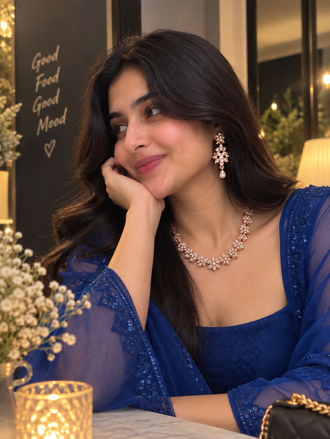 6500-2-ROS-W | Floral Crystal Necklace Set — Rose White, view 5