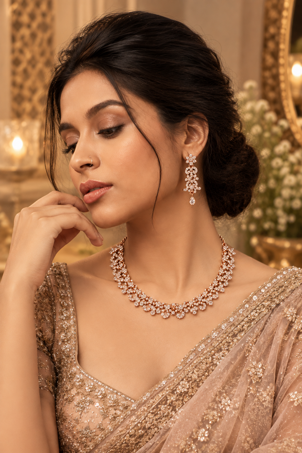 6500-6-ROS-W | Crystal Floral Link Necklace Set — Rose White, view 5