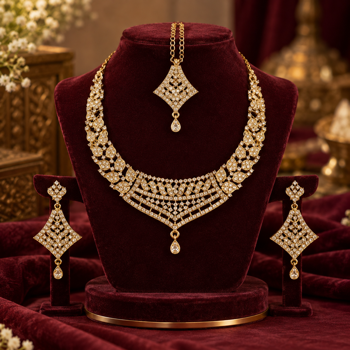 Crystal cascade necklace set with matching earrings, front view
