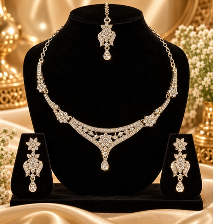 5600-14-R-W | Floral Choker Crystal Necklace Set — Rhodium White, view 1