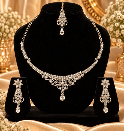 5600-14-R-W | Floral Choker Crystal Necklace Set — Rhodium White, view 7