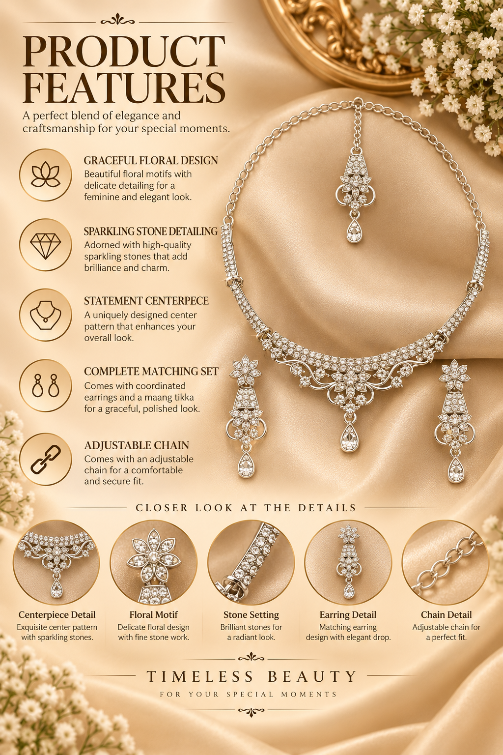 5600-14-R-W | Floral Choker Crystal Necklace Set — Rhodium White, view 9