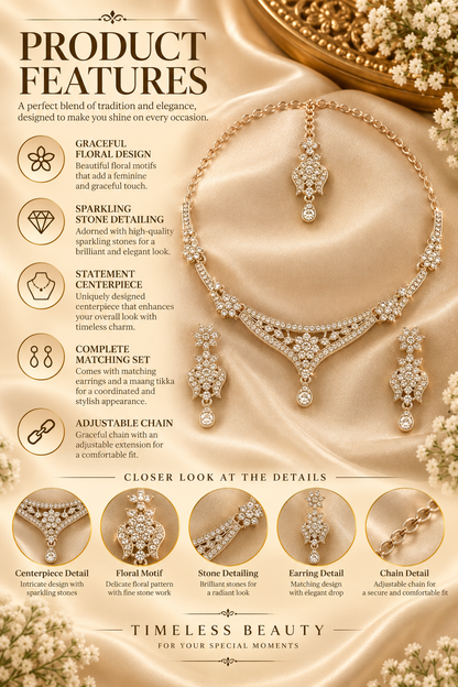 5600-14-R-W | Floral Choker Crystal Necklace Set — Rhodium White, view 2