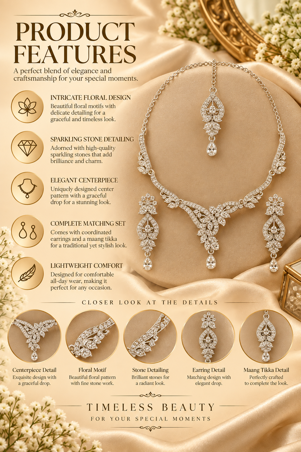 5600-15-R-W | Floral Vine Crystal Necklace Set — Rhodium White, view 1