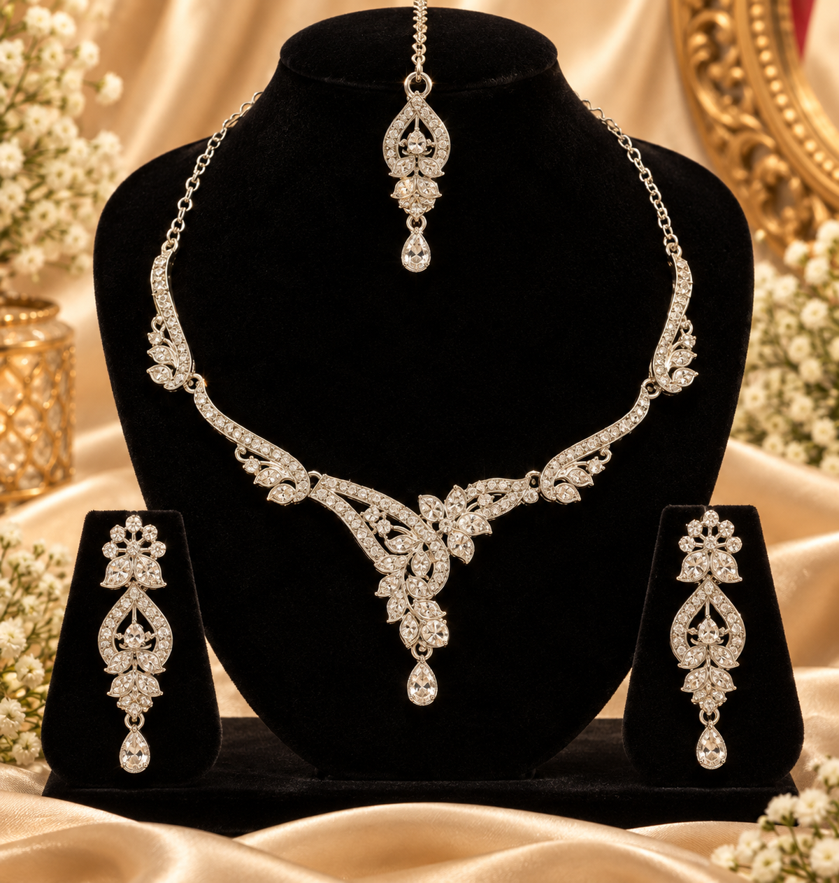 5600-15-R-W | Floral Vine Crystal Necklace Set — Rhodium White, view 3