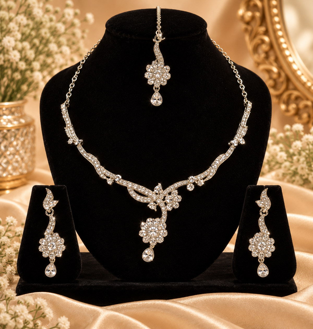 5600-16-R-W | Floral Branch Crystal Necklace Set — Rhodium White, view 2