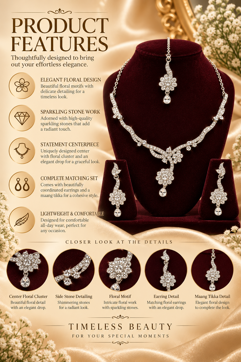 5600-16-R-W | Floral Branch Crystal Necklace Set — Rhodium White, view 3