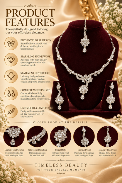5600-16-R-W | Floral Branch Crystal Necklace Set — Rhodium White, view 3