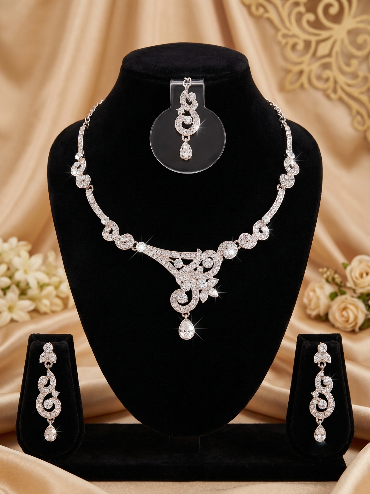 5600-18-R-W | Scrollwork Crystal Necklace Set — Rhodium White, view 1