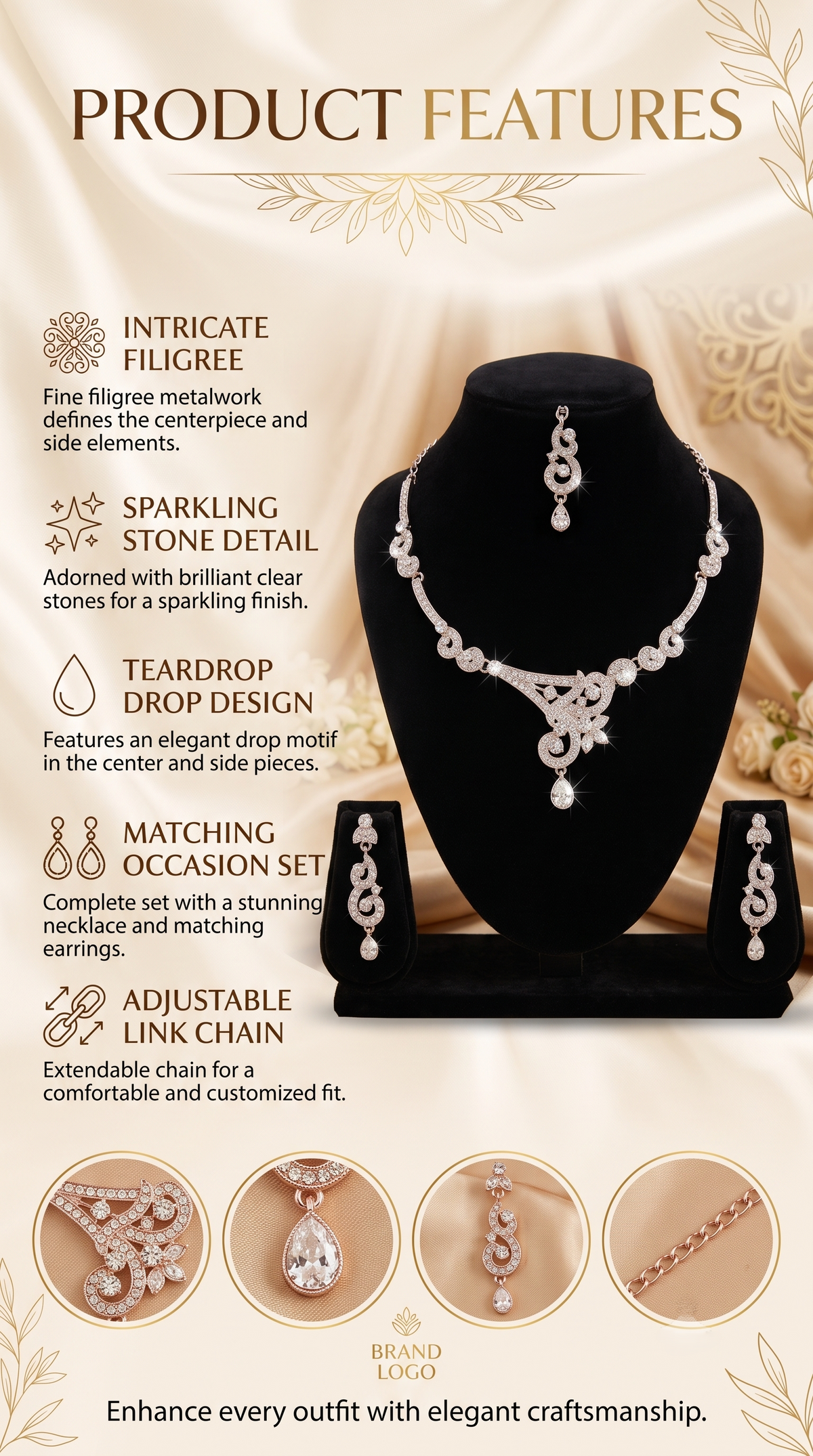 5600-18-R-W | Scrollwork Crystal Necklace Set — Rhodium White, view 2
