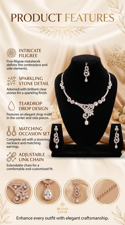 5600-18-R-W | Scrollwork Crystal Necklace Set — Rhodium White, view 2