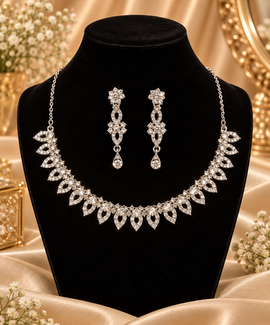 6500-10-R-W | Marquise Drop Crystal Necklace Set — Rhodium White, view 1