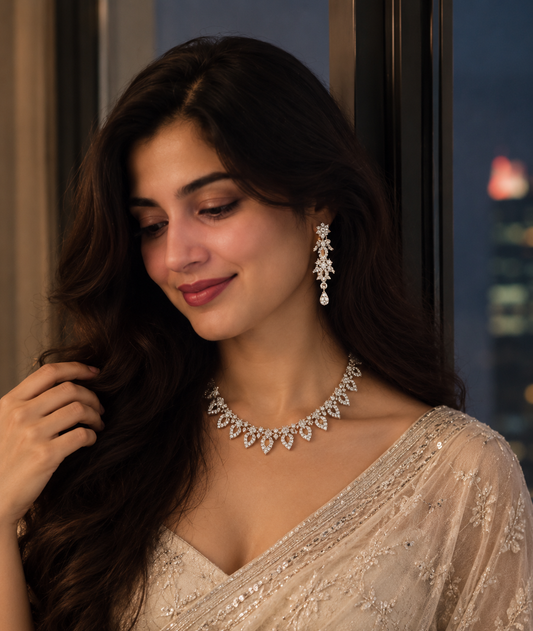 6500-10-R-W | Marquise Drop Crystal Necklace Set — Rhodium White, view 2