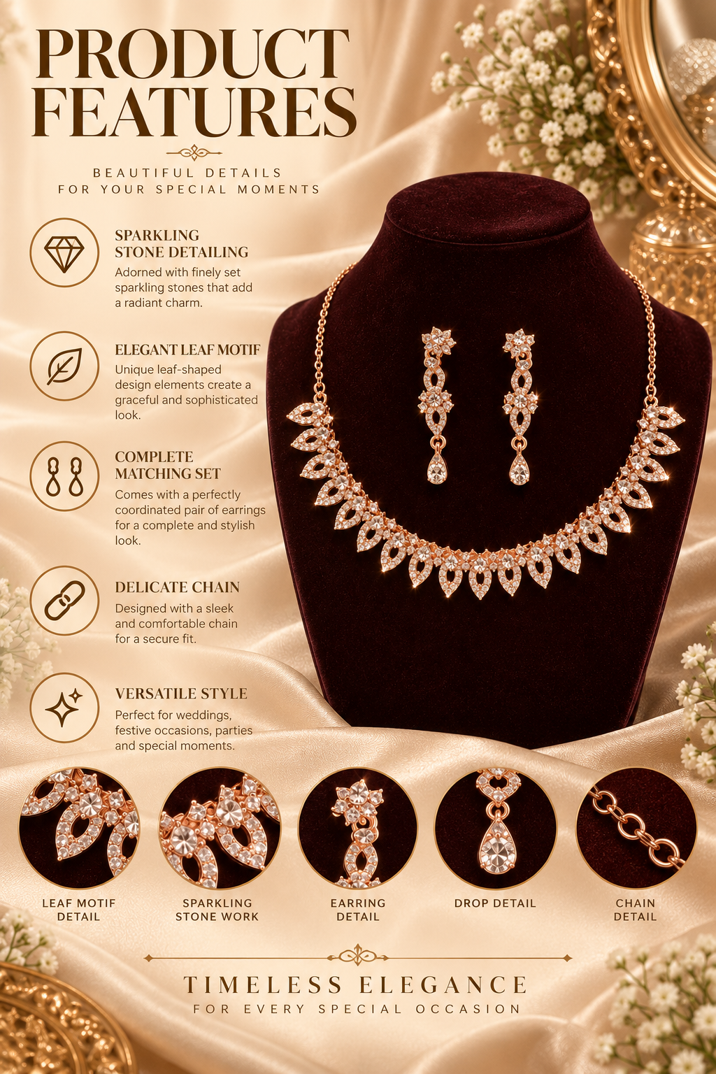 6500-10-ROS-W | Marquise Drop Crystal Necklace Set — Rose White, view 2