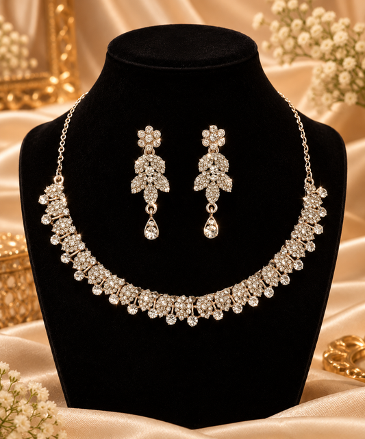 6500-11-R-W | Floral Leaf Crystal Necklace Set — Rhodium White, view 1