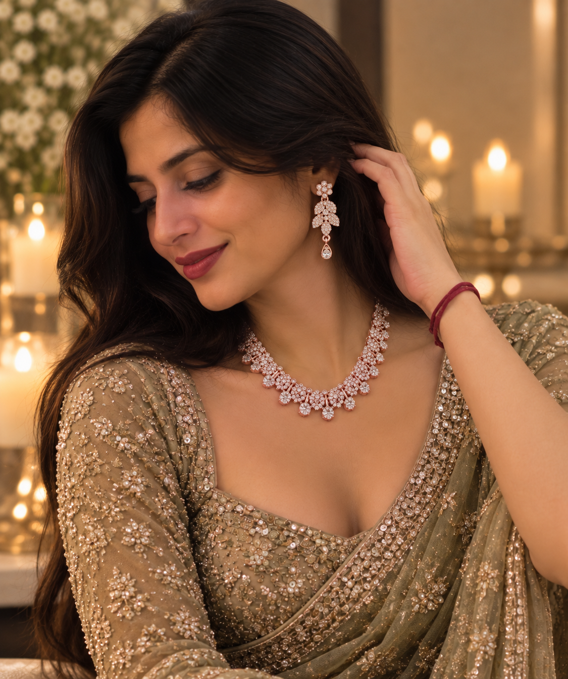 6500-11-ROS-W | Floral Leaf Crystal Necklace Set — Rose White, view 5
