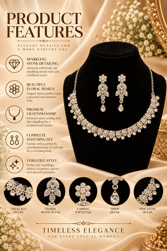 6500-11-R-W | Floral Leaf Crystal Necklace Set — Rhodium White, view 2
