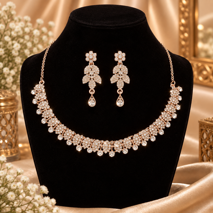 6500-11-ROS-W | Floral Leaf Crystal Necklace Set — Rose White, view 1