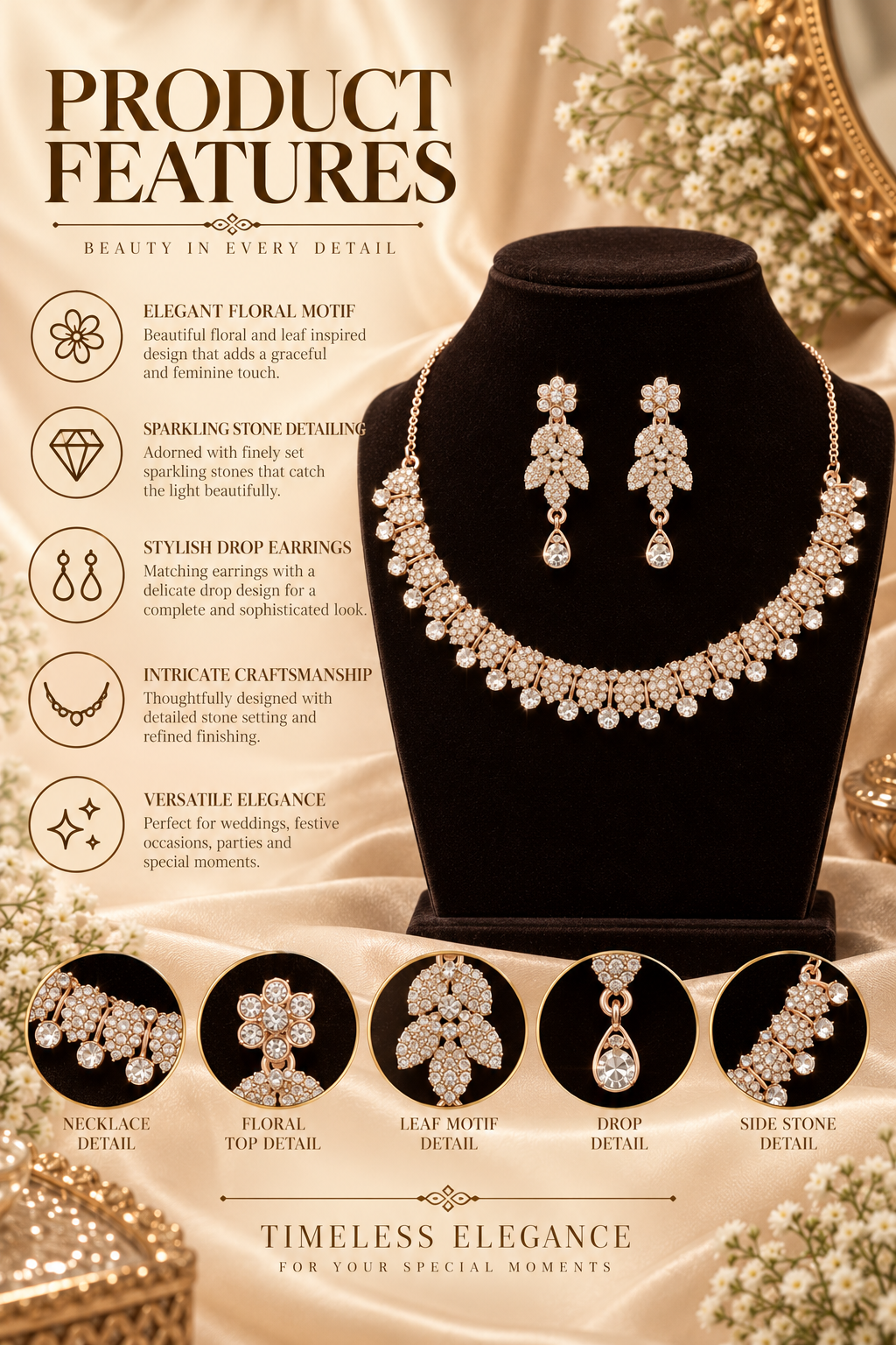 6500-11-ROS-W | Floral Leaf Crystal Necklace Set — Rose White, view 2