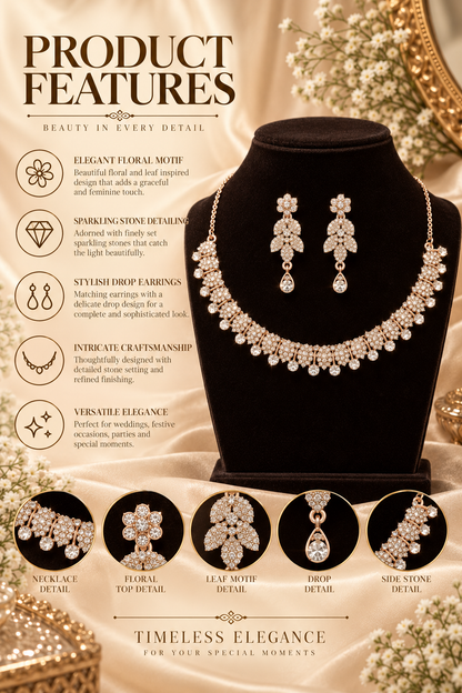 6500-11-ROS-W | Floral Leaf Crystal Necklace Set — Rose White, view 2