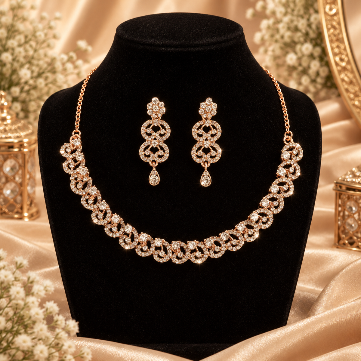 6500-12-ROS-W | Interlocking Heart Crystal Necklace Set — Rose White, view 1