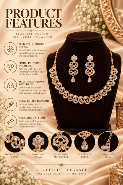 6500-12-ROS-W | Interlocking Heart Crystal Necklace Set — Rose White, view 2