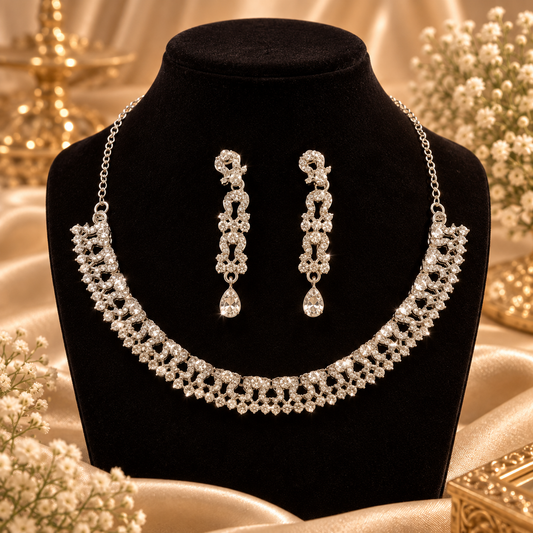 6500-13-R-W | Floral Lattice Crystal Necklace Set — Rhodium White, view 1