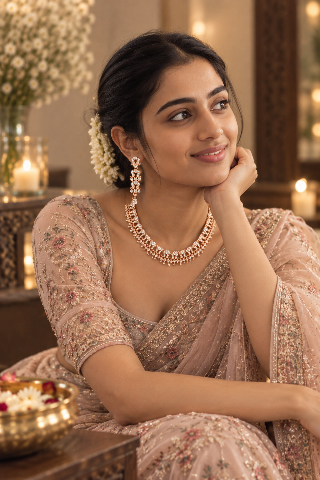 6500-13-ROS-W | Floral Lattice Crystal Necklace Set — Rose White, view 5