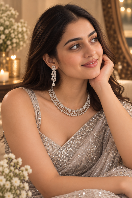 6500-13-R-W | Floral Lattice Crystal Necklace Set — Rhodium White, view 2