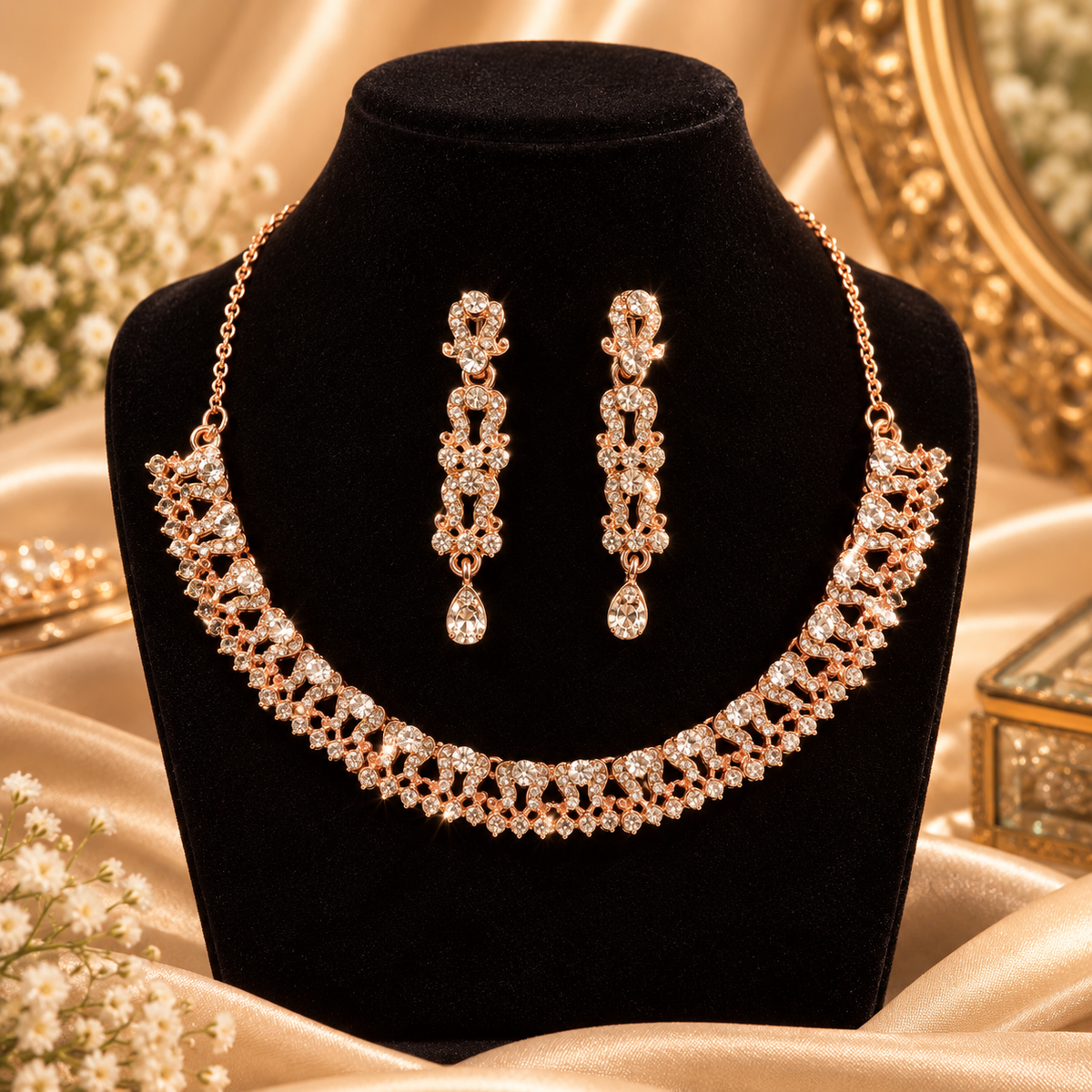 6500-13-ROS-W | Floral Lattice Crystal Necklace Set — Rose White, view 1