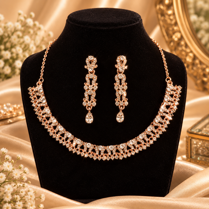 6500-13-ROS-W | Floral Lattice Crystal Necklace Set — Rose White, view 1