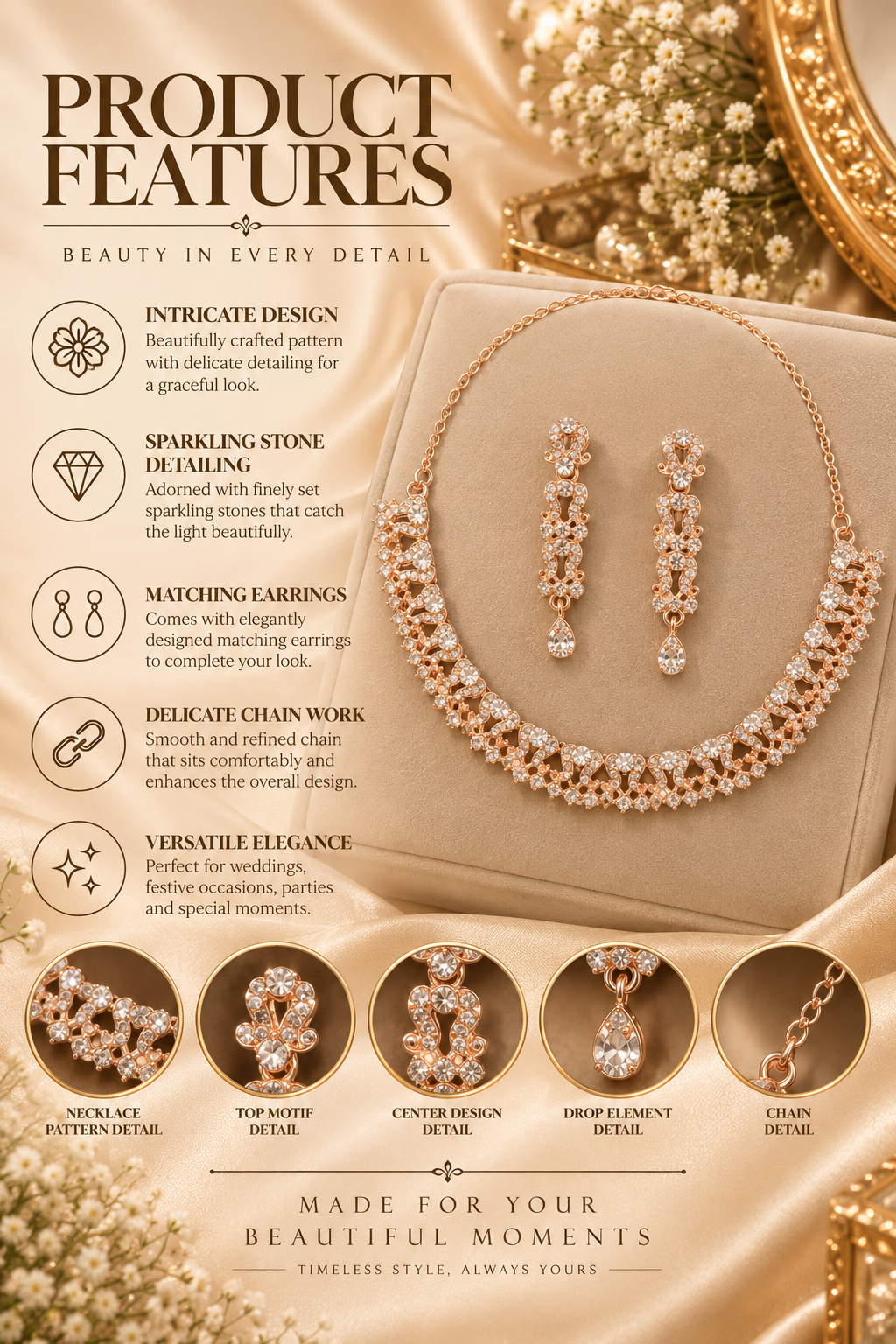6500-13-ROS-W | Floral Lattice Crystal Necklace Set — Rose White, view 2