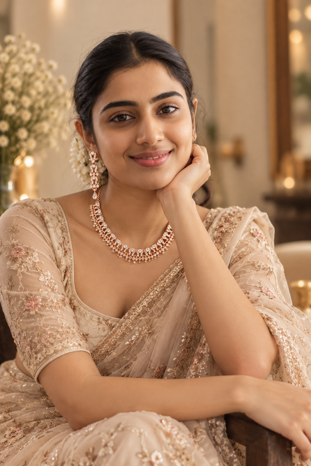 6500-13-ROS-W | Floral Lattice Crystal Necklace Set — Rose White, view 3