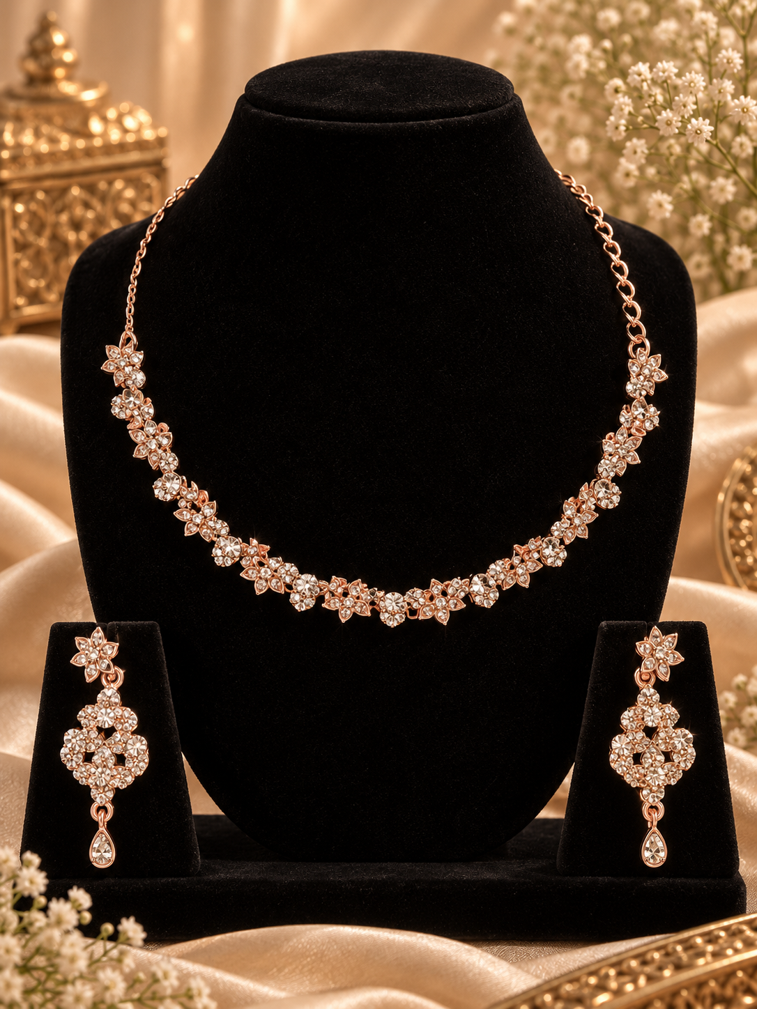 6500-2-ROS-W | Floral Crystal Necklace Set — Rose White, view 1
