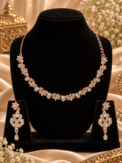 6500-2-ROS-W | Floral Crystal Necklace Set — Rose White, view 1