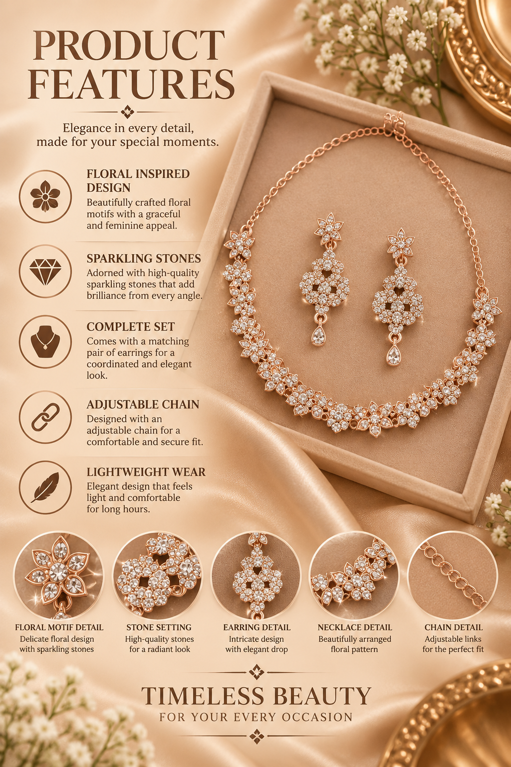 6500-2-ROS-W | Floral Crystal Necklace Set — Rose White, view 2