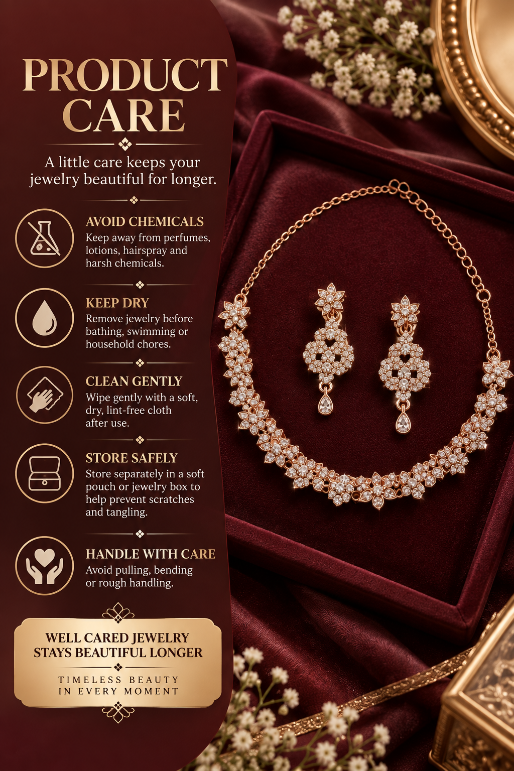 6500-2-ROS-W | Floral Crystal Necklace Set — Rose White, view 3