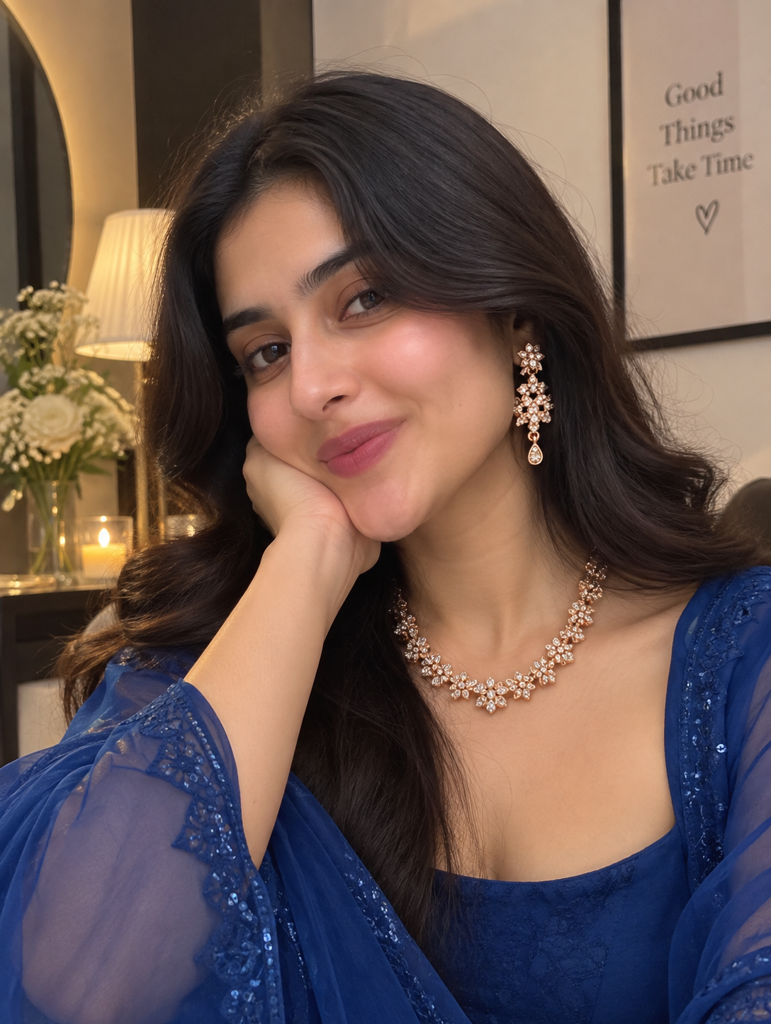 6500-2-ROS-W | Floral Crystal Necklace Set — Rose White, view 4