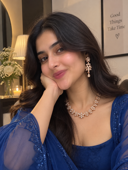 6500-2-ROS-W | Floral Crystal Necklace Set — Rose White, view 4