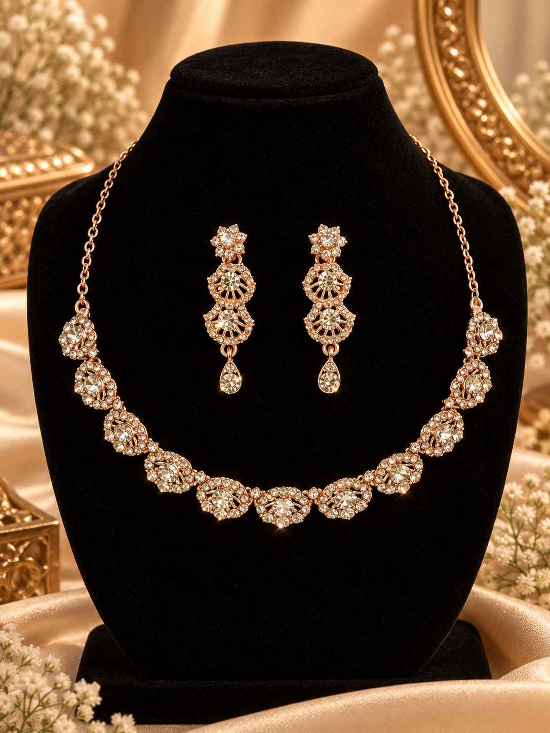 6500-4-ROS-W | Geometric Crystal Necklace Set — Rose White, view 1