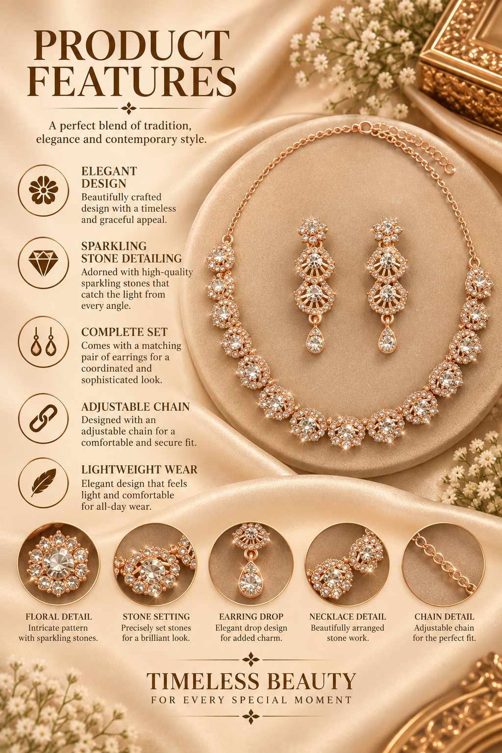6500-4-ROS-W | Geometric Crystal Necklace Set — Rose White, view 2