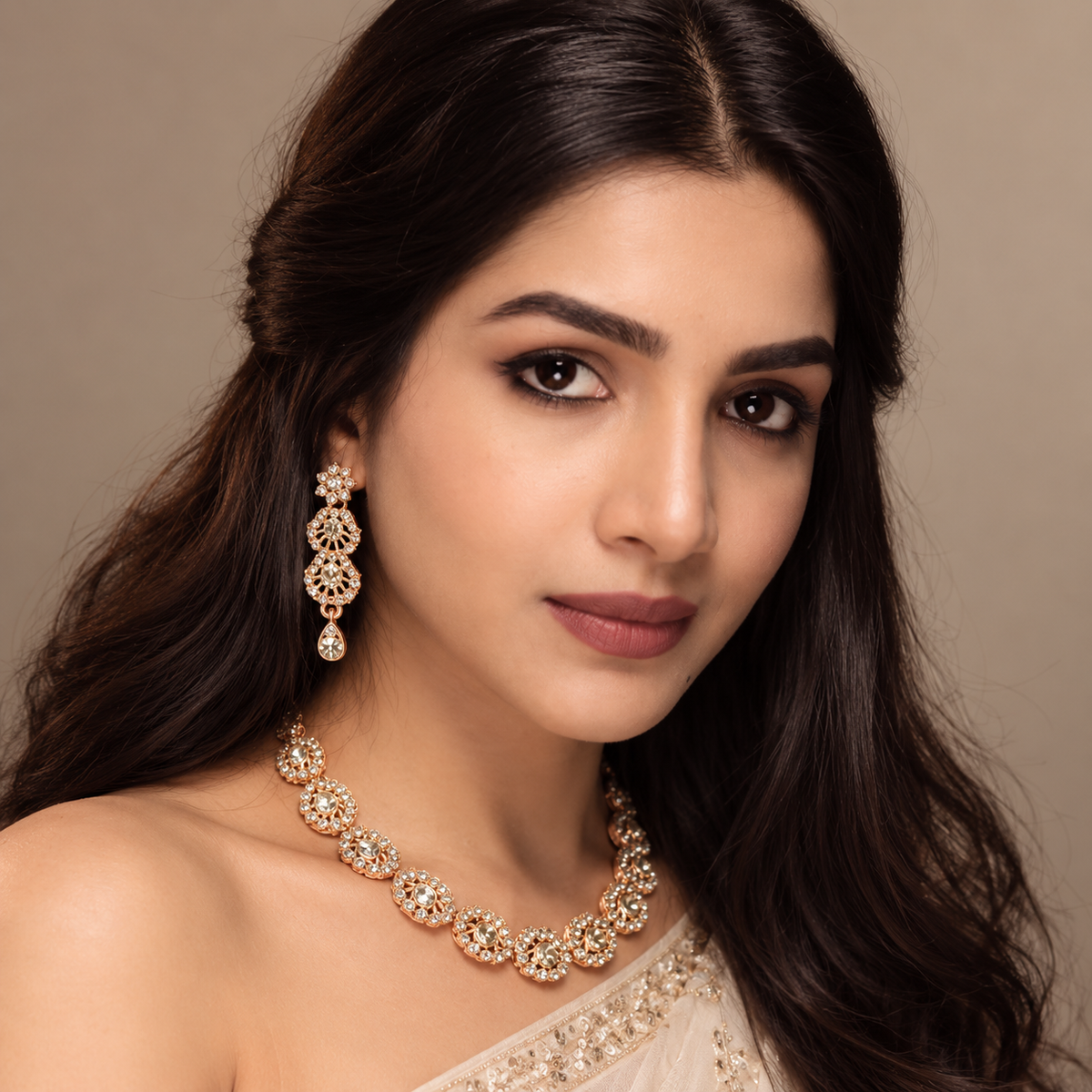 6500-4-ROS-W | Geometric Crystal Necklace Set — Rose White, view 3