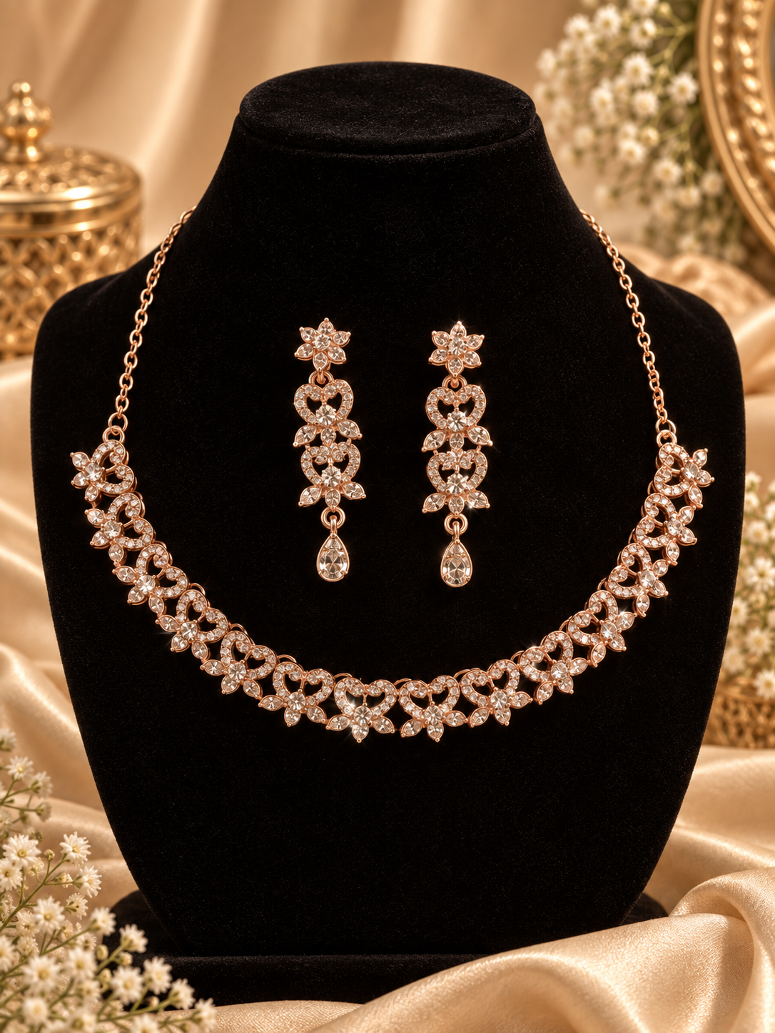6500-5-ROS-W | Leaf Motif Crystal Necklace Set — Rose White, view 1