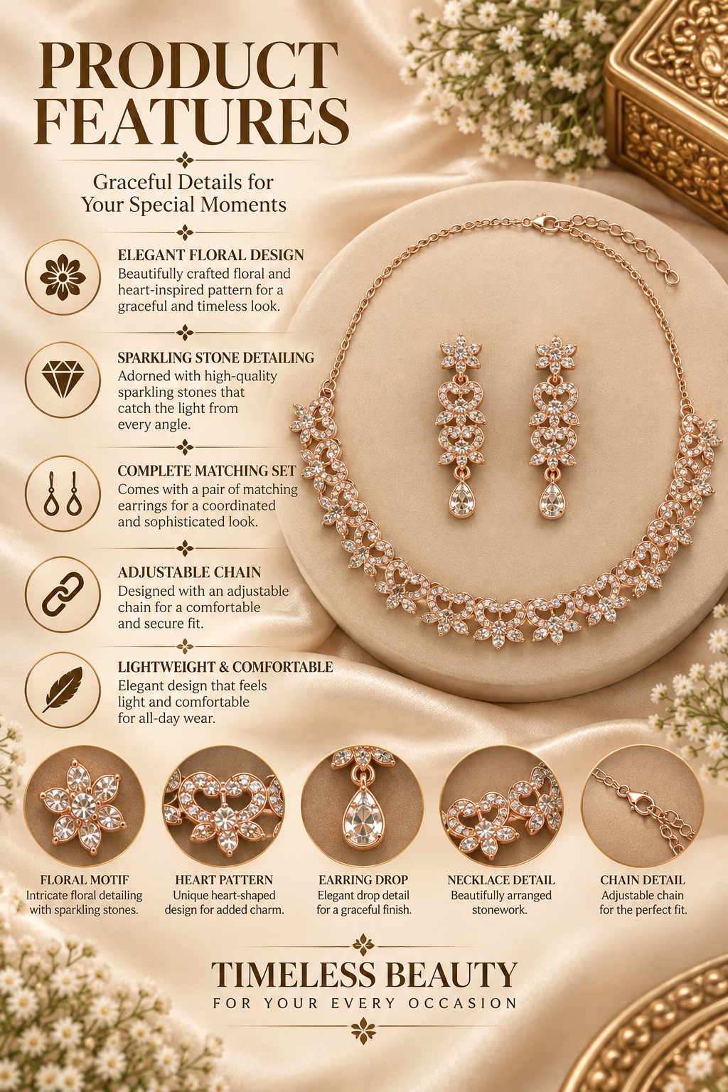 6500-5-ROS-W | Leaf Motif Crystal Necklace Set — Rose White, view 3