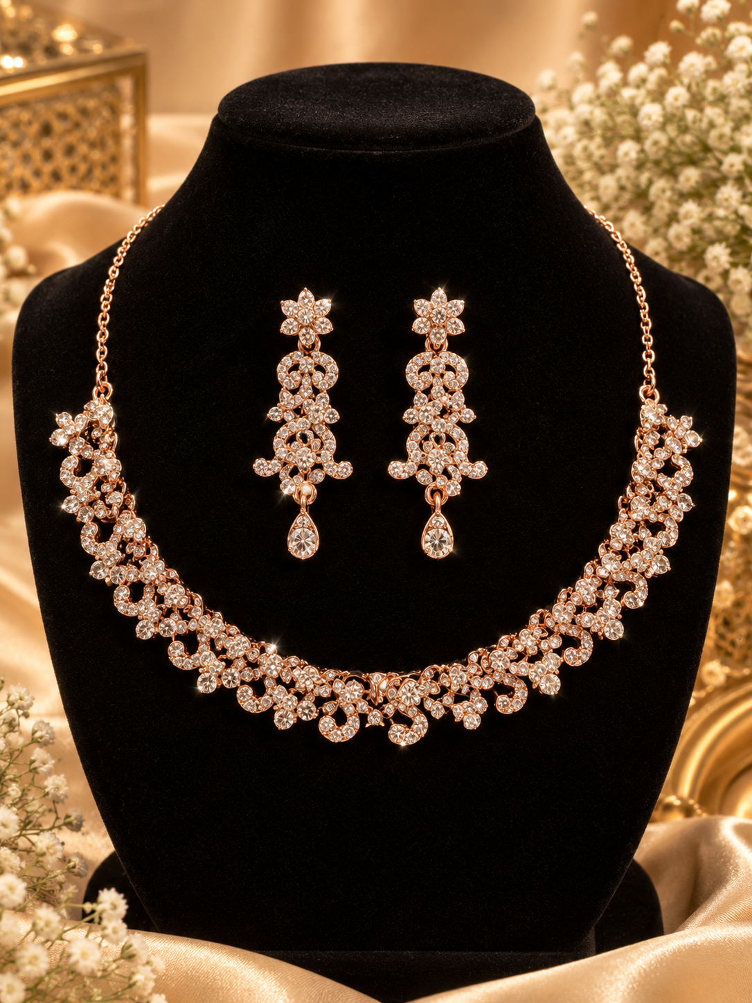 6500-6-ROS-W | Crystal Floral Link Necklace Set — Rose White, view 1