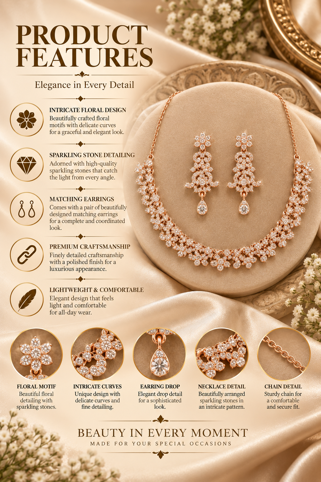 6500-6-ROS-W | Crystal Floral Link Necklace Set — Rose White, view 2