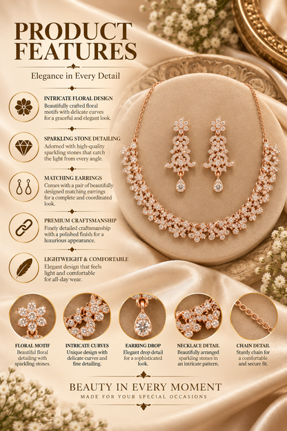 6500-6-ROS-W | Crystal Floral Link Necklace Set — Rose White, view 2