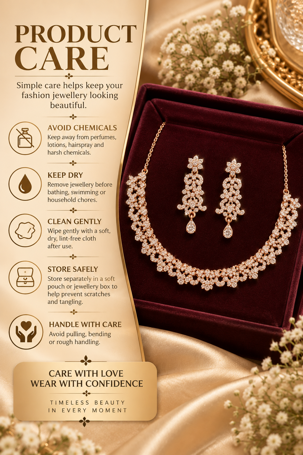 6500-6-ROS-W | Crystal Floral Link Necklace Set — Rose White, view 3