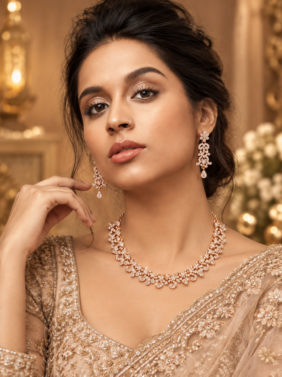 6500-6-ROS-W | Crystal Floral Link Necklace Set — Rose White, view 4