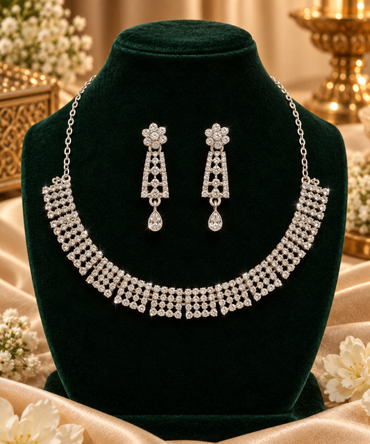 6500-7-R-W | Lattice Fringe Crystal Necklace Set — Rhodium White, view 1